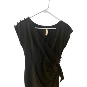 Stop Staring Black Cap Sleeve Faux Wrap Ruched Button Detail Cocktail Dress L